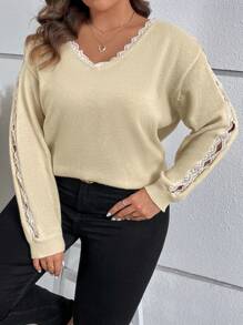 SHEIN LUNE Talla grande Jersey ribete con encaje de hombros caídos - Beis - Ver 1