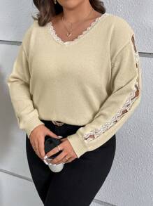 SHEIN LUNE Talla grande Jersey ribete con encaje de hombros caídos - Beis - Ver 3