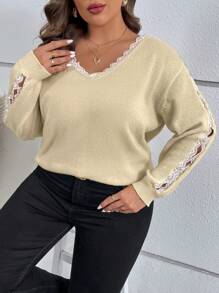 SHEIN LUNE Talla grande Jersey ribete con encaje de hombros caídos - Beis - Ver 4