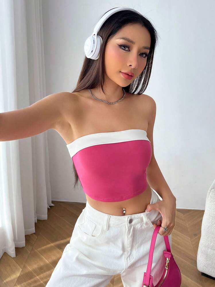 SHEIN EZwear חיתוך ניגודית טופים סטרפלס - ורוד חם - ראה 6