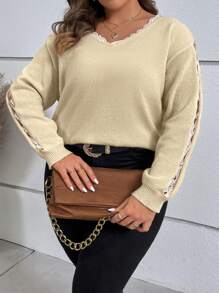 SHEIN LUNE Talla grande Jersey ribete con encaje de hombros caídos - Beis - Ver 5