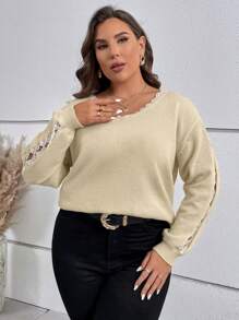 SHEIN LUNE Talla grande Jersey ribete con encaje de hombros caídos - Beis - Ver 6