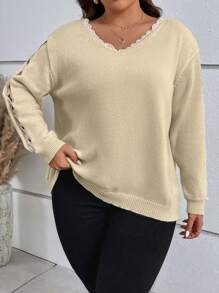 SHEIN LUNE Talla grande Jersey ribete con encaje de hombros caídos - Beis - Ver 7