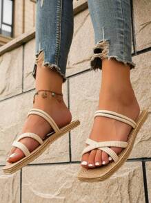 夏天女士們平底防滑家居拖鞋帶方頭,仿真亚麻