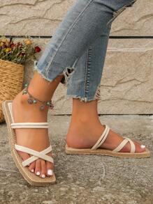 夏天女士們平底防滑家居拖鞋帶方頭,仿真亚麻