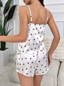 Strawberry Print Satin Cami Top & Shorts PJ Set - White - View 2