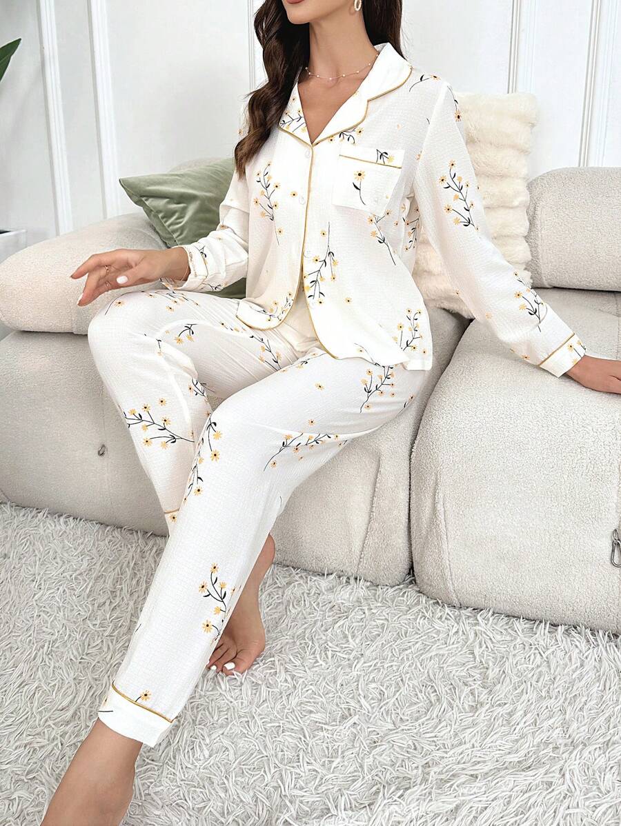 Floral Print Contrast Piping PJ Set / Pajama Set, Fall Clothes - Beige - View 1