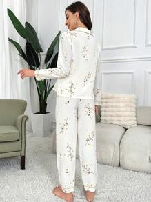 Floral Print Contrast Piping PJ Set / Pajama Set, Fall Clothes - Beige - View 2