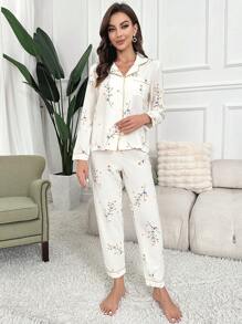 Floral Print Contrast Piping PJ Set / Pajama Set, Fall Clothes - Beige - View 3