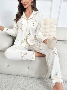 Floral Print Contrast Piping PJ Set / Pajama Set, Fall Clothes - Beige - View 5
