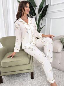 Floral Print Contrast Piping PJ Set / Pajama Set, Fall Clothes - Beige - View 6