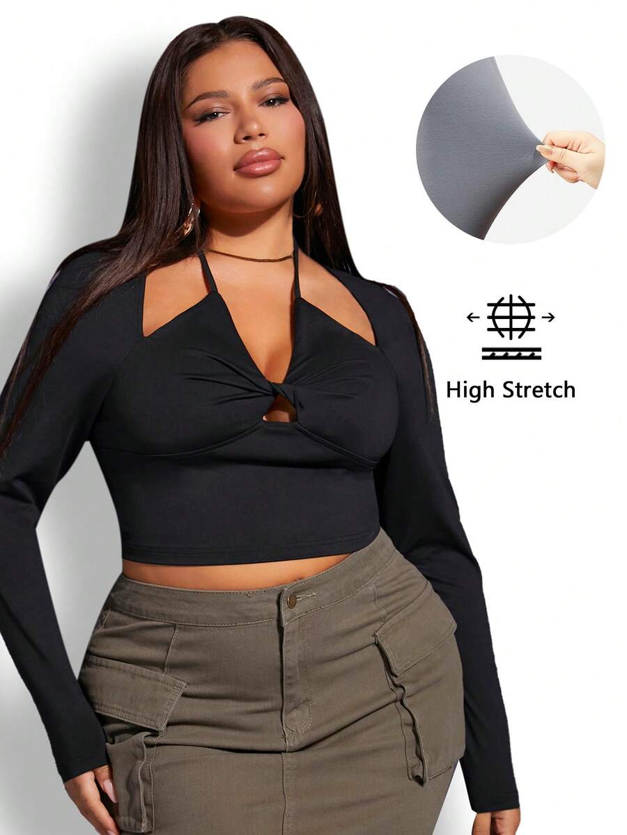 SHEIN SXY 大碼鏤空後綁帶短款T恤 - 黑色 - 查看 1