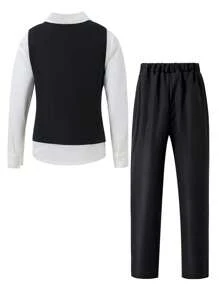 SHEIN Tween Boy's Gentleman 2pcs Set: Vest With Chest Design + Long Pants, No Shirt No Accessories, Suitable For Birthday Party, Evening Party, Wedding, Christening, 1st Birthday, Wedding Party, Wedding Guest, Pageboy, Ring Bearer