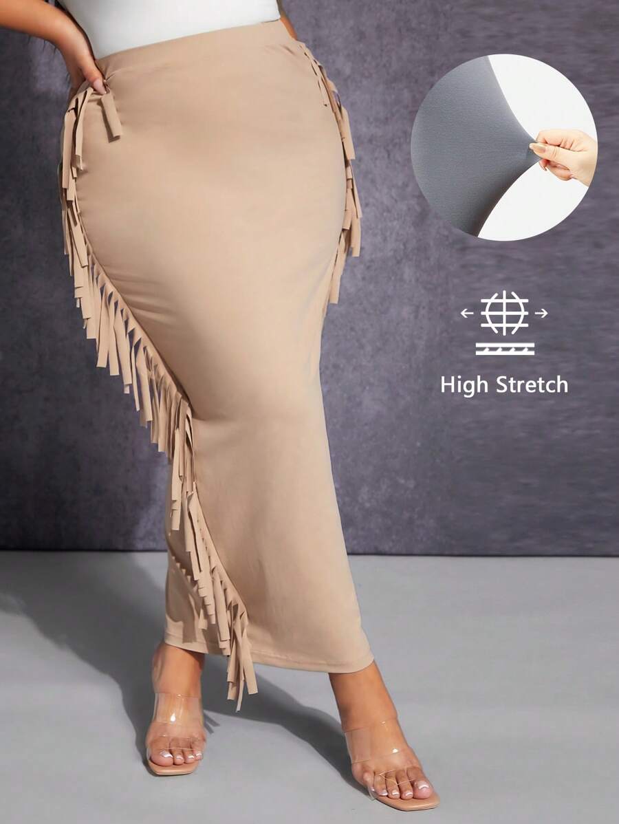 SHEIN SXY Falda de lápiz ribete con fleco - Albaricoque - Ver 1