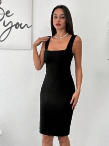 SHEIN Cottnline Solid Split Thigh Tank Dress - Black - View 4