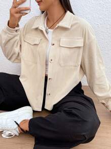 SHEIN EZwear Plus Flap Pocket Drop Shoulder Coat - Apricot - View 3