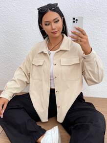 SHEIN EZwear Plus Flap Pocket Drop Shoulder Coat - Apricot - View 4