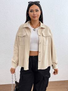 SHEIN EZwear Plus Flap Pocket Drop Shoulder Coat - Apricot - View 5