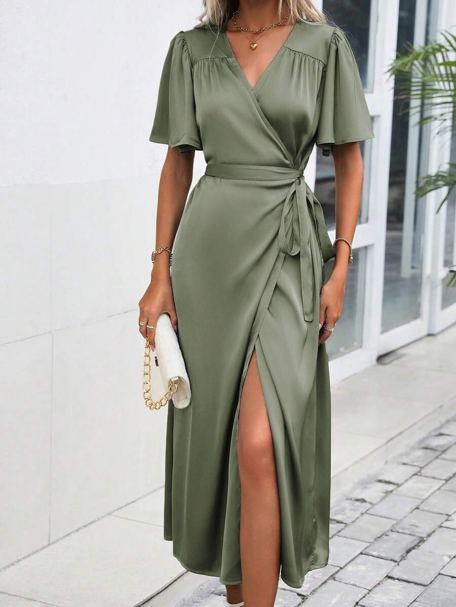 SHEIN Clasi Butterfly Sleeve Wrap Hem Belted Satin Dress | SHEIN USA