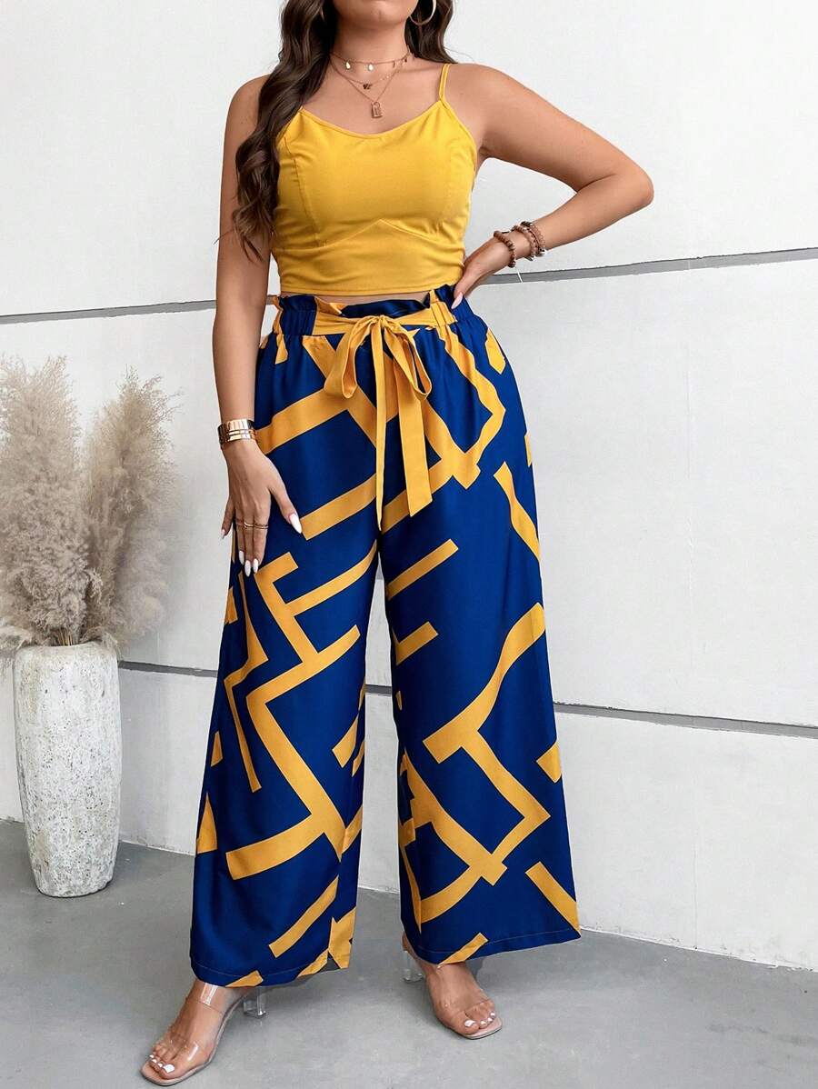 SHEIN Holidaya 大碼吊帶上衣&幾何印花腰帶闊腿褲