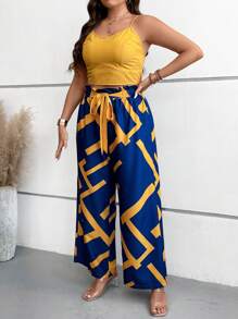 SHEIN Holidaya 大碼吊帶上衣&幾何印花腰帶闊腿褲