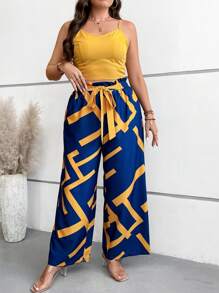 SHEIN Holidaya 大碼吊帶上衣&幾何印花腰帶闊腿褲