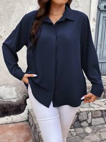 Vionelle Plus Solid Button Front Shirt Fall Cloth For Women - Navy Blue - View 1