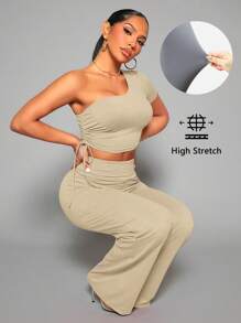 SHEIN SXY Bộ đồ hai mảnh nữ Dây kéo Xù màu trơn Giải trí - Màu Khaki - Xem 1