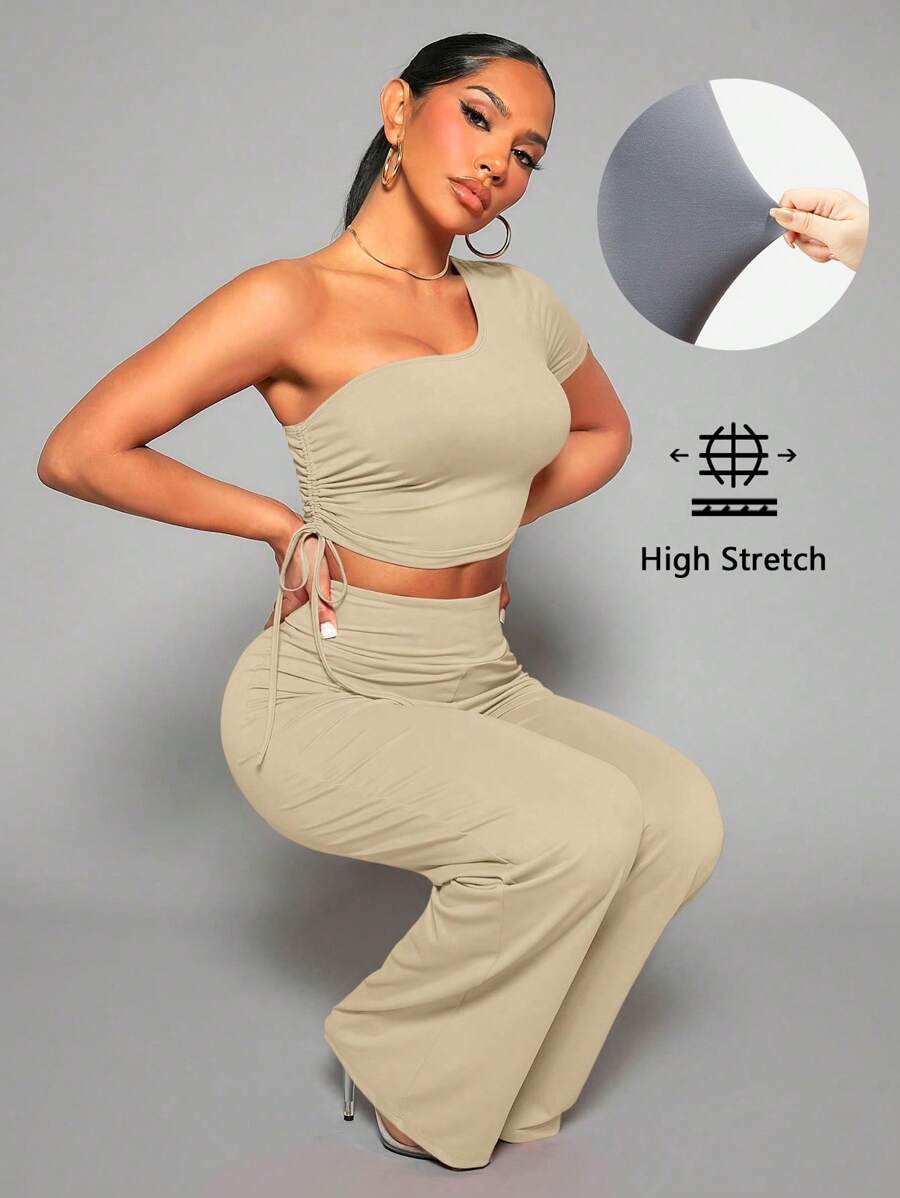 SHEIN SXY Bộ đồ hai mảnh nữ Dây kéo Xù màu trơn Giải trí - Màu Khaki - Xem 1