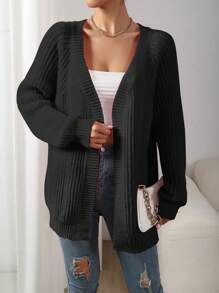 SHEIN LUNE 罗纹针织插肩袖开衫，女士春秋休闲落肩常规版型黑色纯色女士开衫，休闲日常装，长袖上衣