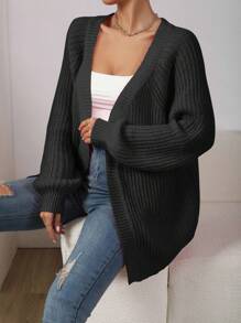 SHEIN LUNE 罗纹针织插肩袖开衫，女士春秋休闲落肩常规版型黑色纯色女士开衫，休闲日常装，长袖上衣