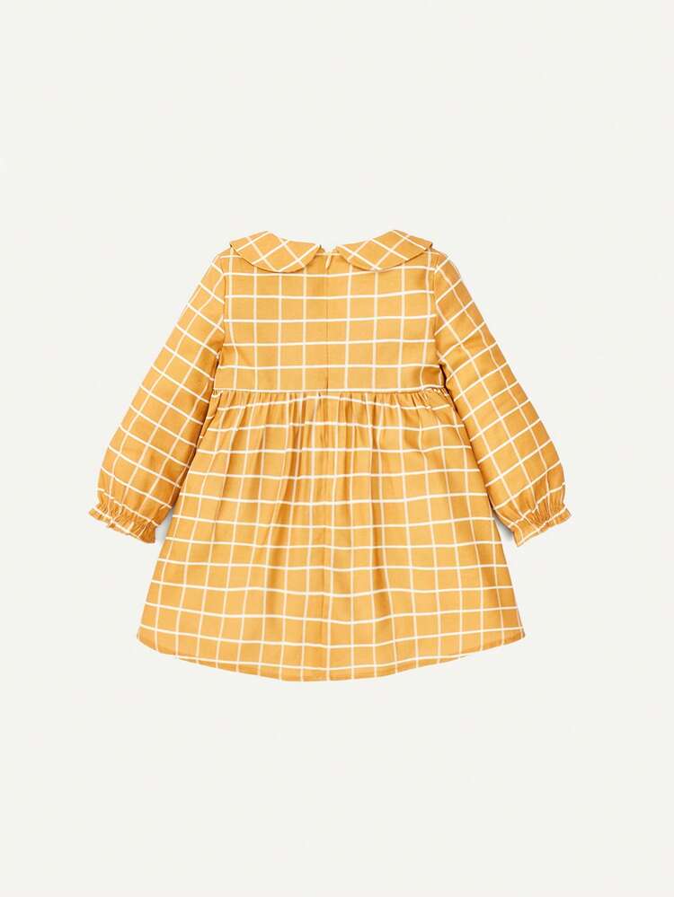 Baby Girl Academy Style Plaid Print Peter Pan Collar Front Button Pocket Drawstring Waist Dress