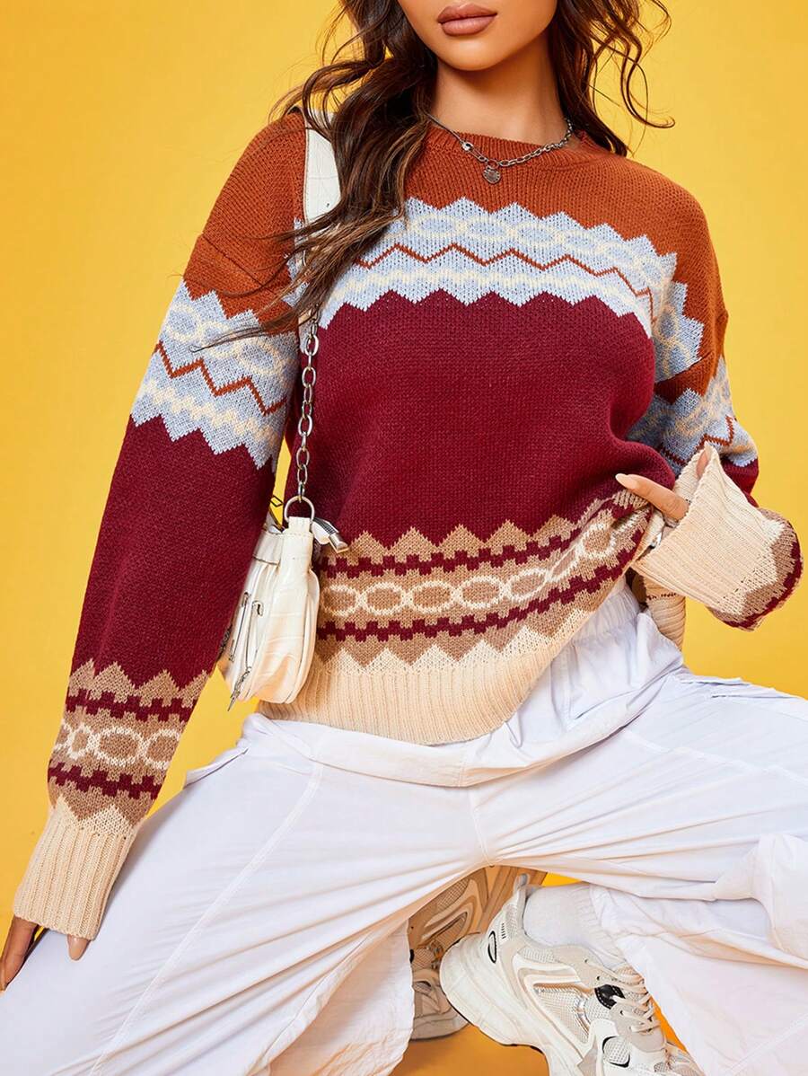 SHEIN Unity 鋸齒圖案撞色落肩袖套頭毛衣 - 彩色 - 查看 1