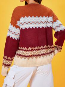 SHEIN Unity 鋸齒圖案撞色落肩袖套頭毛衣 - 彩色 - 查看 2