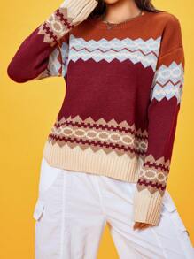 SHEIN Unity 鋸齒圖案撞色落肩袖套頭毛衣 - 彩色 - 查看 3