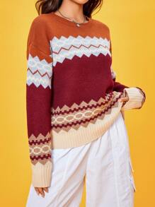 SHEIN Unity 鋸齒圖案撞色落肩袖套頭毛衣 - 彩色 - 查看 4