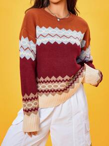 SHEIN Unity 鋸齒圖案撞色落肩袖套頭毛衣 - 彩色 - 查看 5