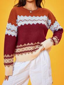 SHEIN Unity 鋸齒圖案撞色落肩袖套頭毛衣 - 彩色 - 查看 6