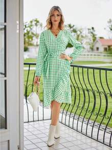 GENKIRA Vestido cruzado con estampado de guingán con nudo lateral ribete con fruncido - verde menta - Ver 1