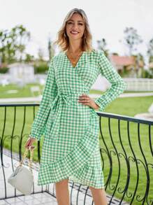 GENKIRA Vestido cruzado con estampado de guingán con nudo lateral ribete con fruncido - verde menta - Ver 3