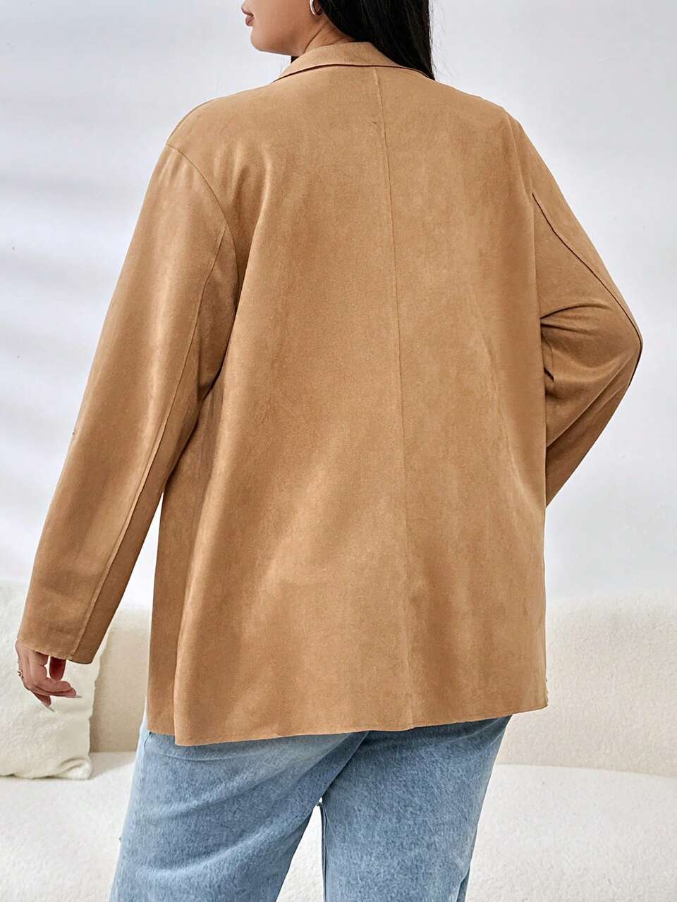 Plus Lapel Neck Roll Tab Sleeve Open Front Coat