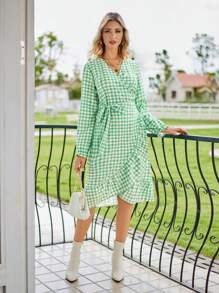 GENKIRA Vestido cruzado con estampado de guingán con nudo lateral ribete con fruncido - verde menta - Ver 4