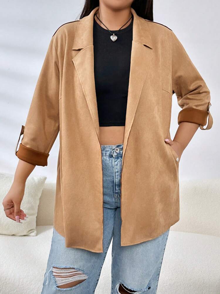 Plus Lapel Neck Roll Tab Sleeve Open Front Coat