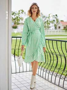 GENKIRA Vestido cruzado con estampado de guingán con nudo lateral ribete con fruncido - verde menta - Ver 5