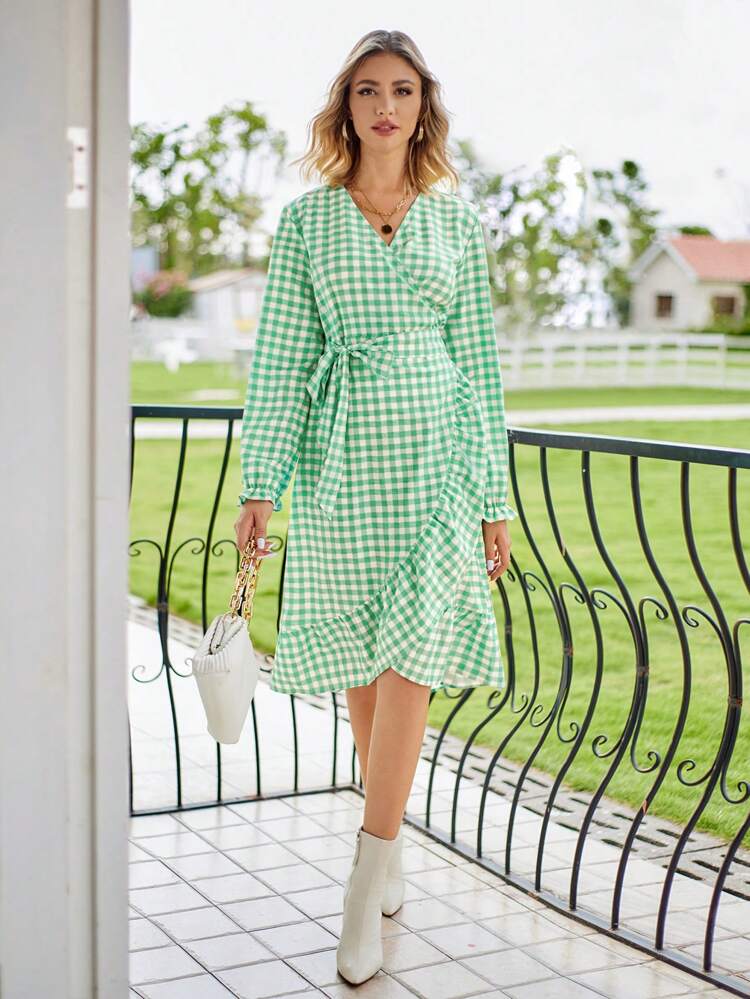 Gingham Print Knot Side Ruffle Trim Wrap Dress