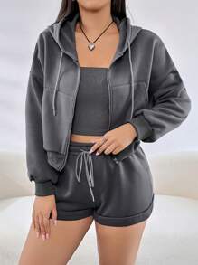 SHEIN EZwear 大碼素色短款上衣&抽繩連帽衫和短褲 - 深灰色 - 查看 4