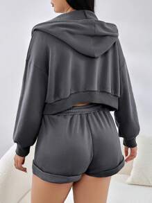 SHEIN EZwear 大碼素色短款上衣&抽繩連帽衫和短褲 - 深灰色 - 查看 2