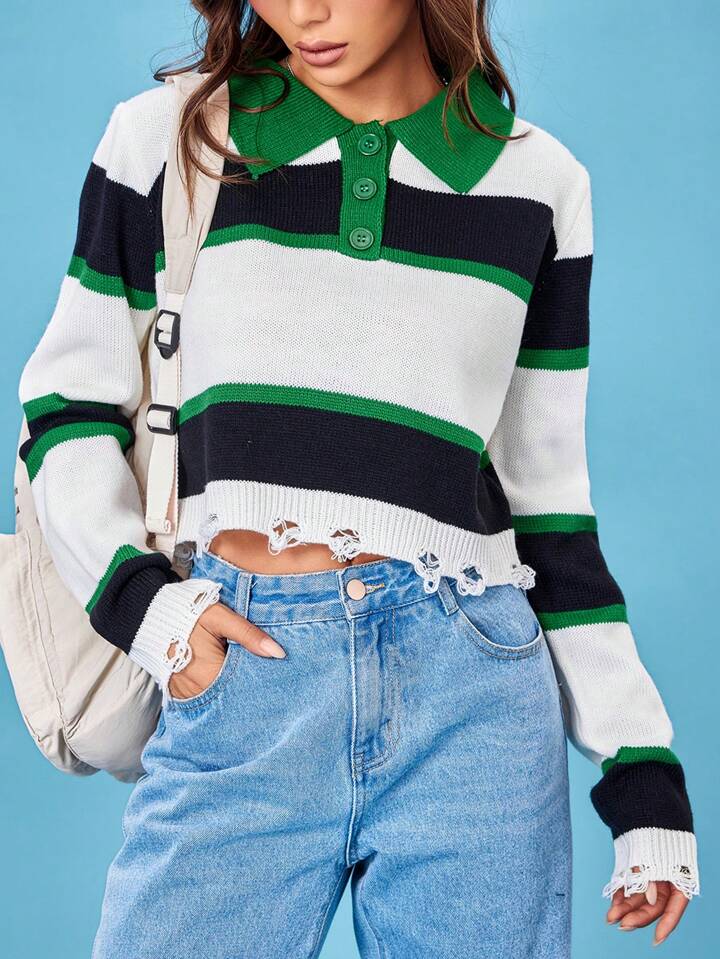Striped Pattern Polo Neck Distressed Hem Sweater | SHEIN
