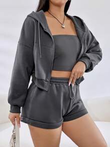 SHEIN EZwear 大碼素色短款上衣&抽繩連帽衫和短褲 - 深灰色 - 查看 5
