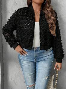 SHEIN LUNE Plus Solid Zip Up Bomber Jacket - Black - View 3